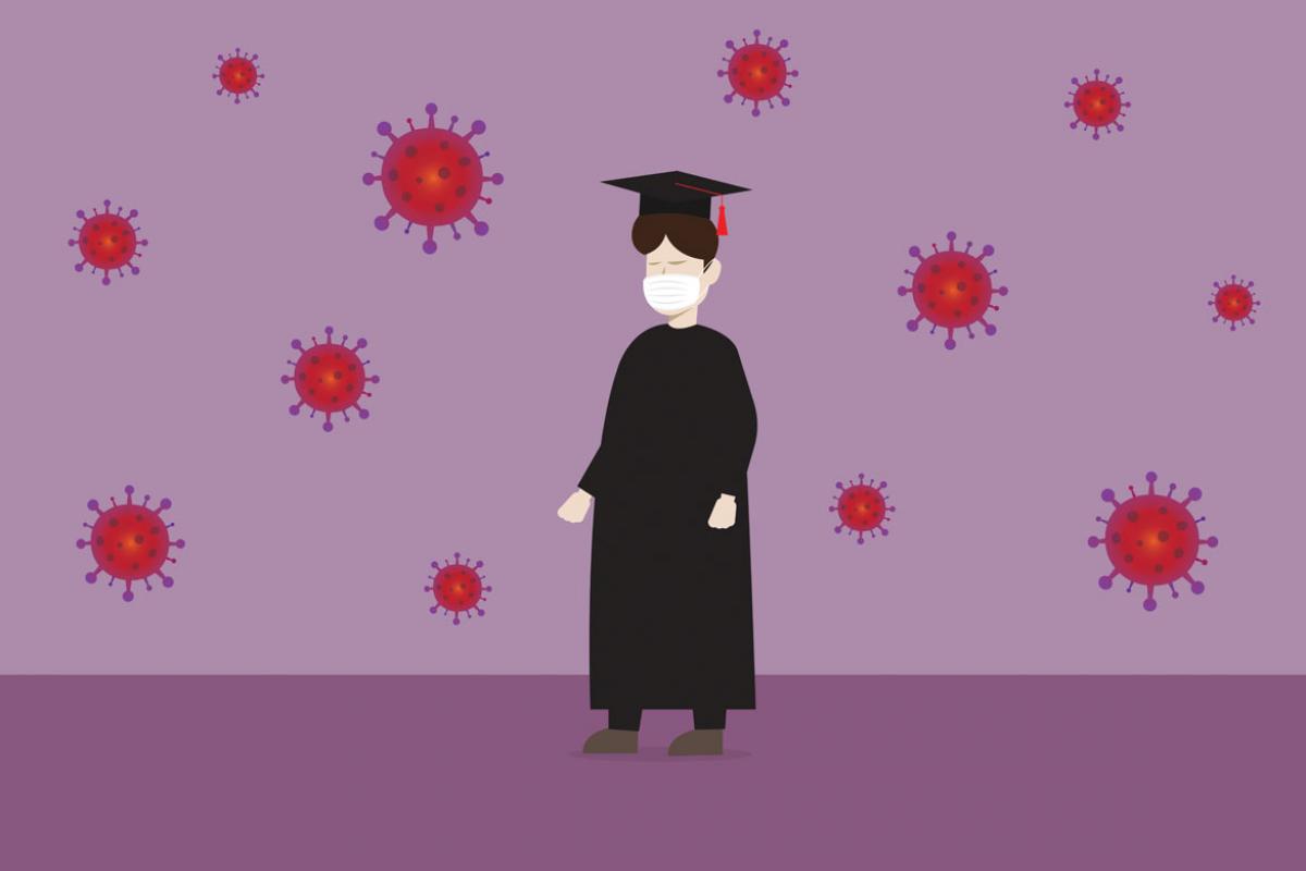 Graduate in cap and gown surrounded by coronavirus cells