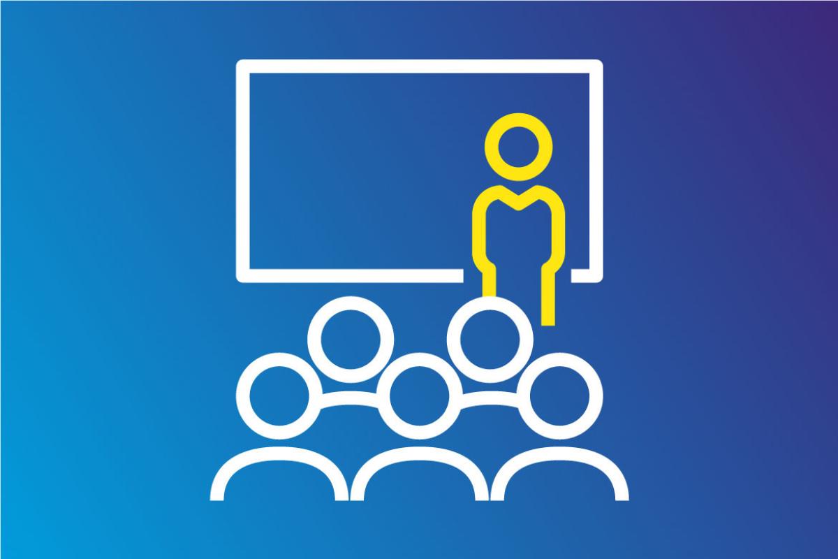 Icon-like drawing of a presentation, with a stylized yellow stick figure stands in front of a white board, in front of a stylized white stick person audience.