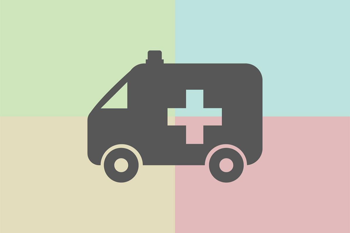 Greyed ambulance icon set against a green, blue, yellow, and pink checkered background.