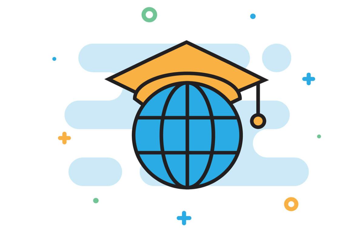 Illustration of a world globe wearing a graduation cap.