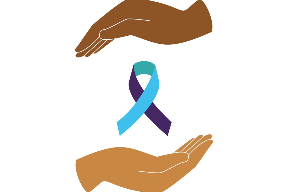 Illustration of two hands, one at the top and one at the bottom, open-palms holding a Suicide Awareness ribbon between them.