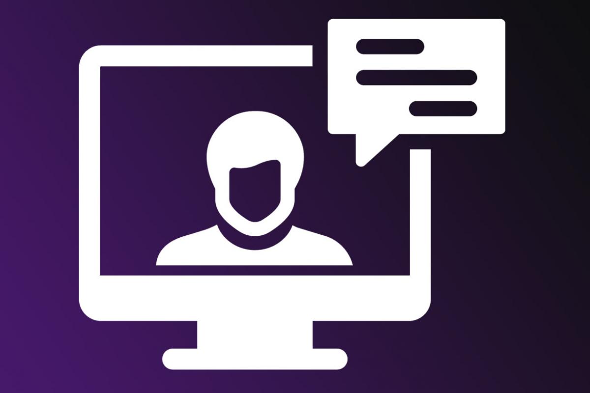 Icon of desktop computer with monitor screen showing a person being interviewed