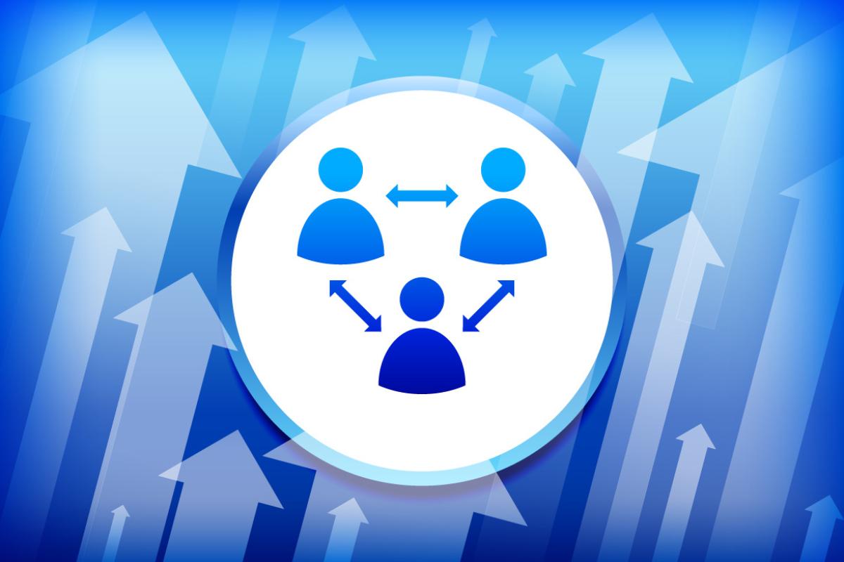 People icons with blue arrows connecting them as part of a team