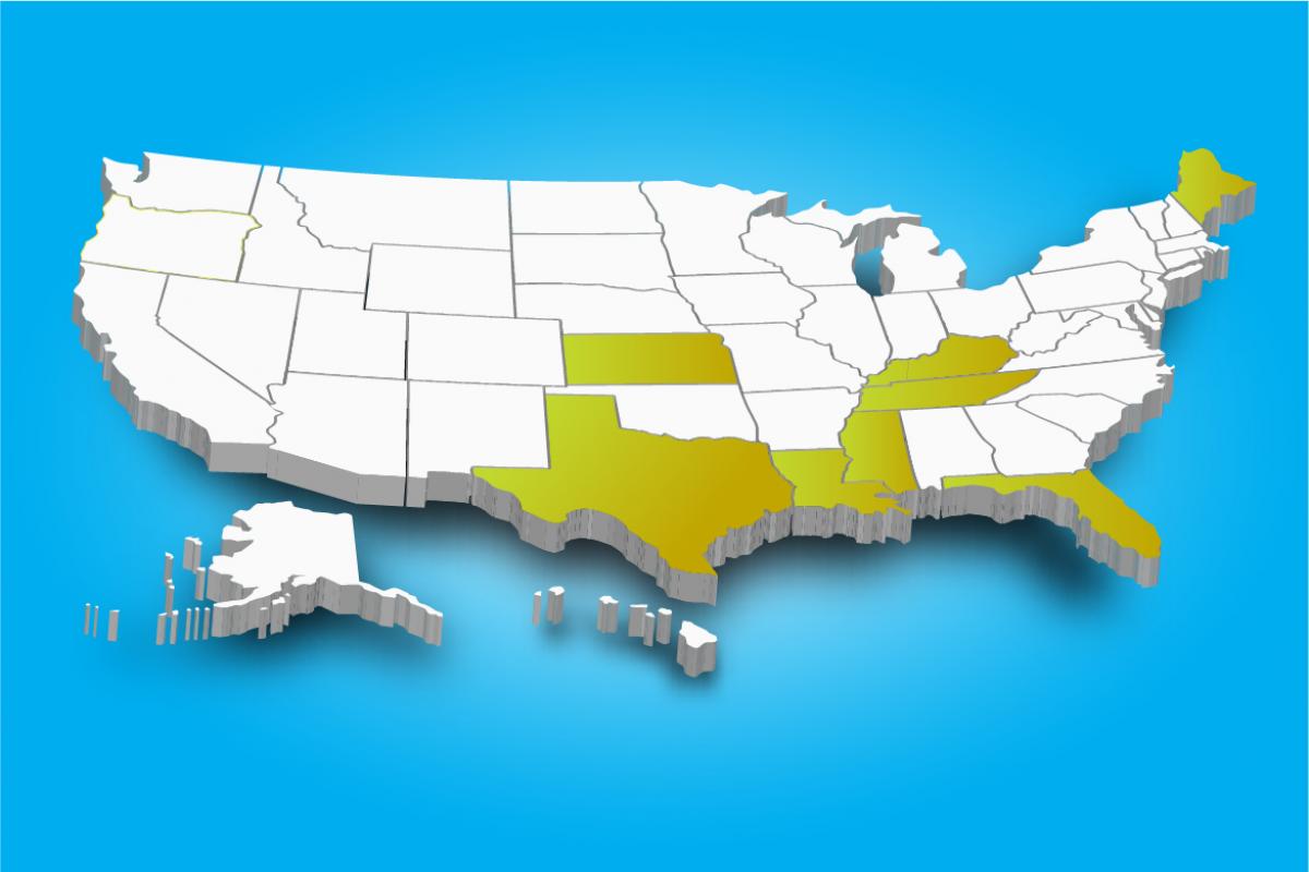Map highlighting states with APRN scope of practice