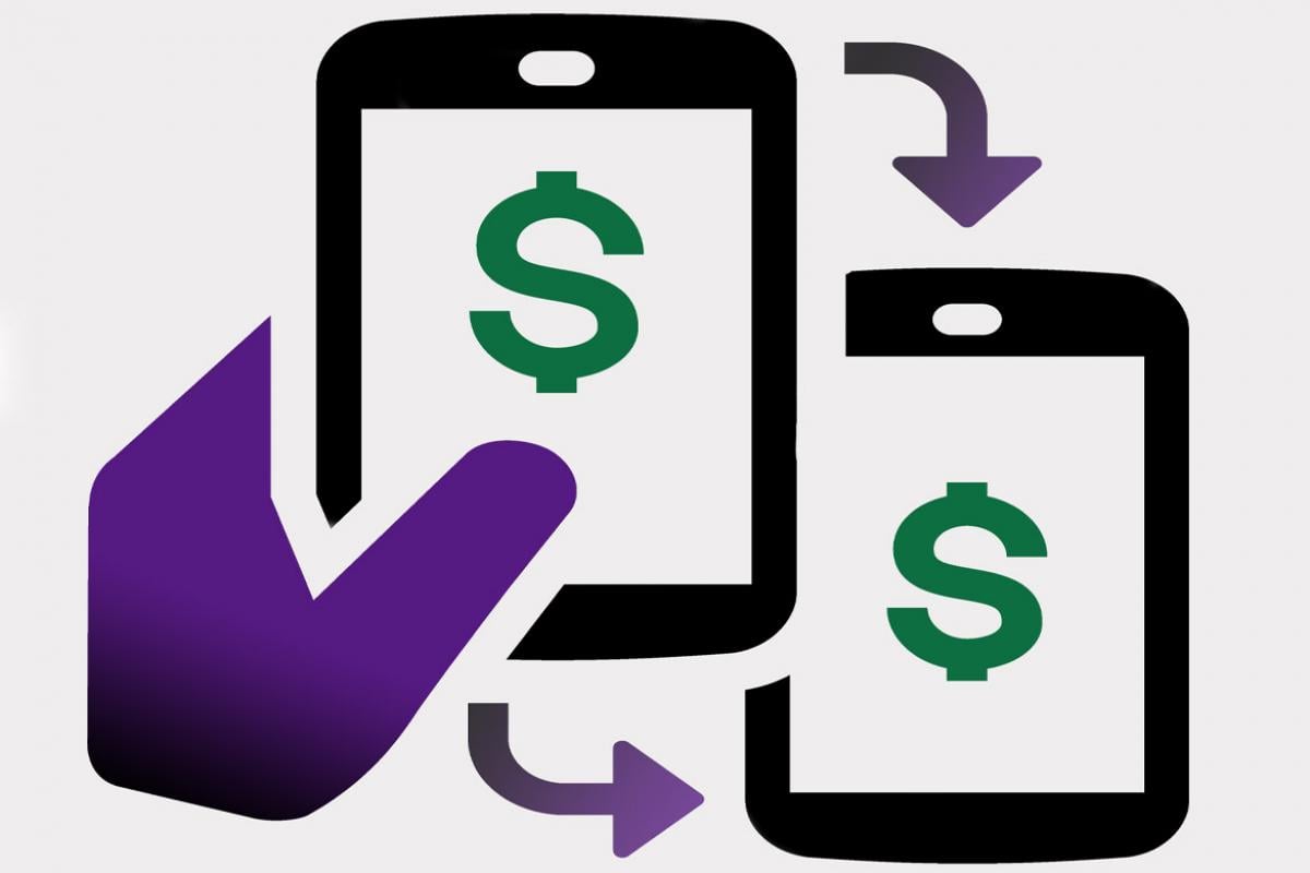 Illustration of hand holding cell phone with screen displaying dollar symbol and arrows pointing to second cell phone screen also displaying dollar symbol
