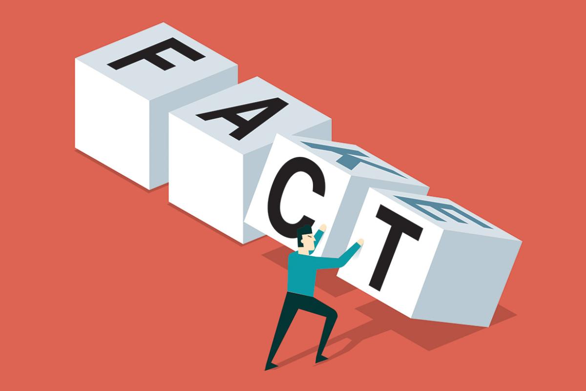 Graphic of a person pushing blocks or cubes spelling out the word "FACT" over the word "FAKE"