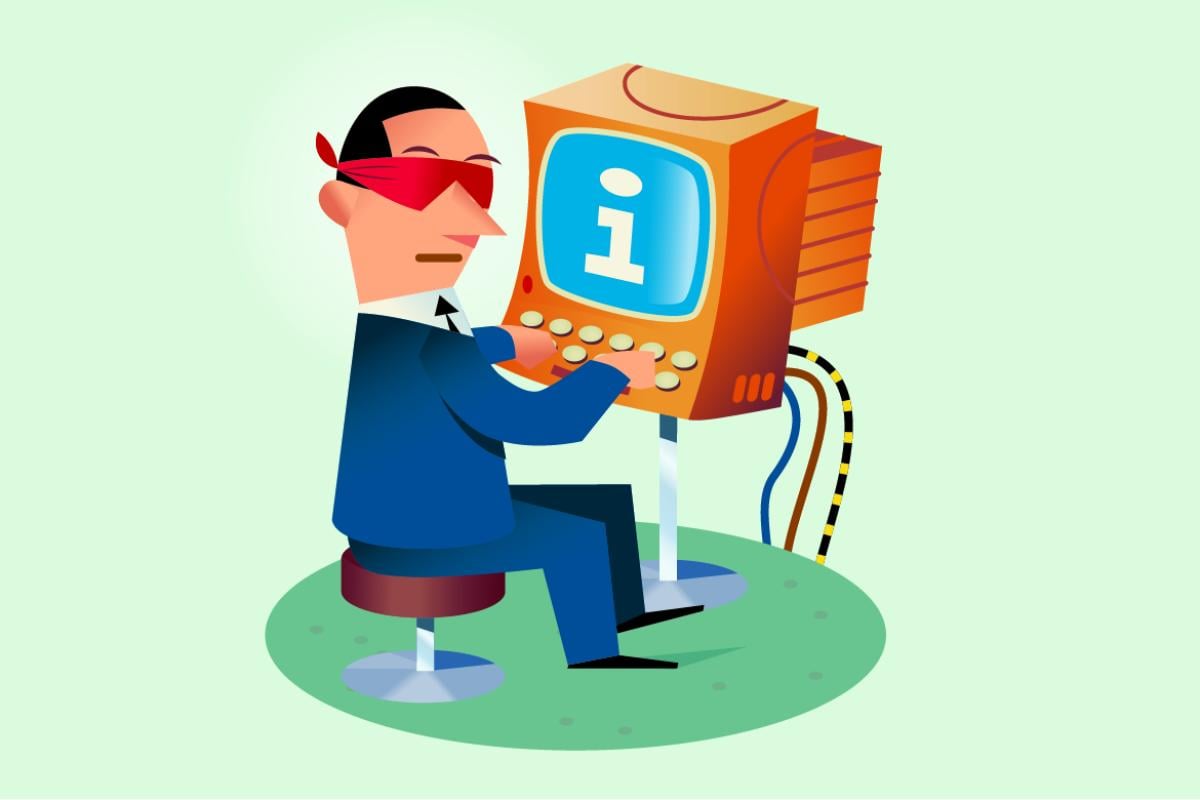 Blindfolded person in front of a computer illustration