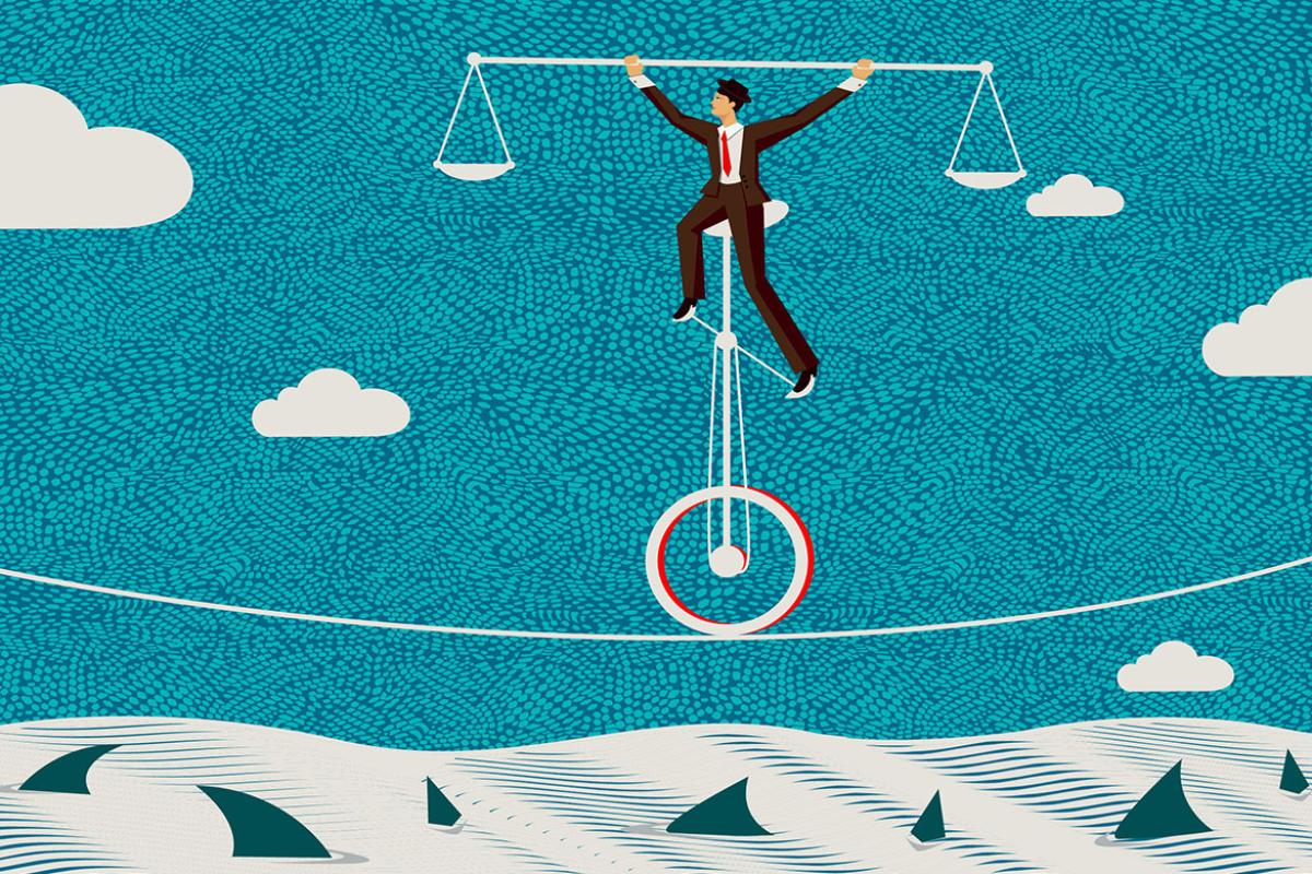 Illustration of a figure on a unicycle and tightrope