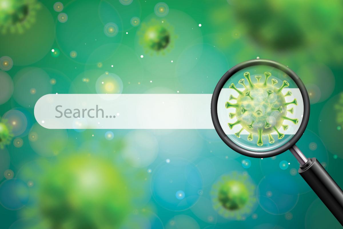 Search bar behind a Coronavirus and a magnifying glass