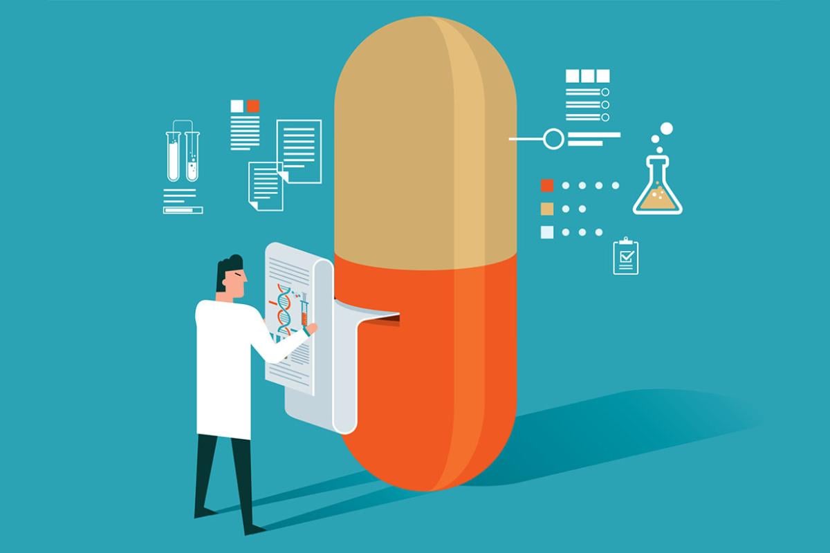 Illustration of a health care worker analyzing medication
