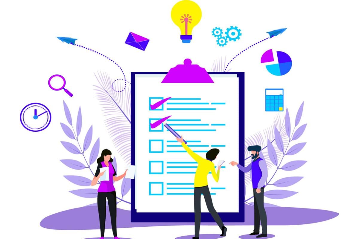 Three figures in front of a clipboard