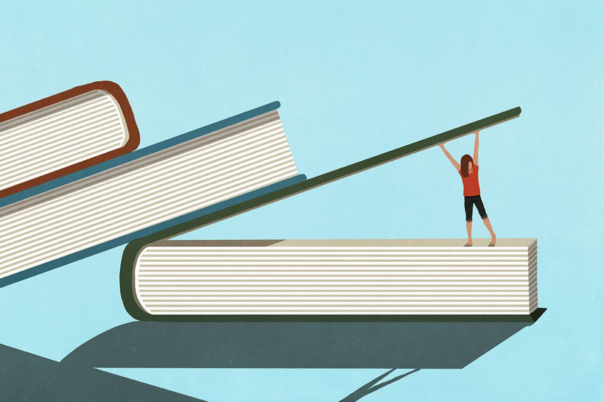 Illustration of a figure holding open a book