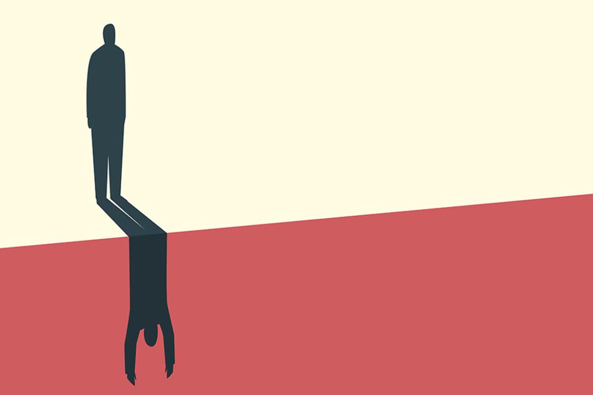 Surreal illustration of a human figure standing on the edge of an abyss