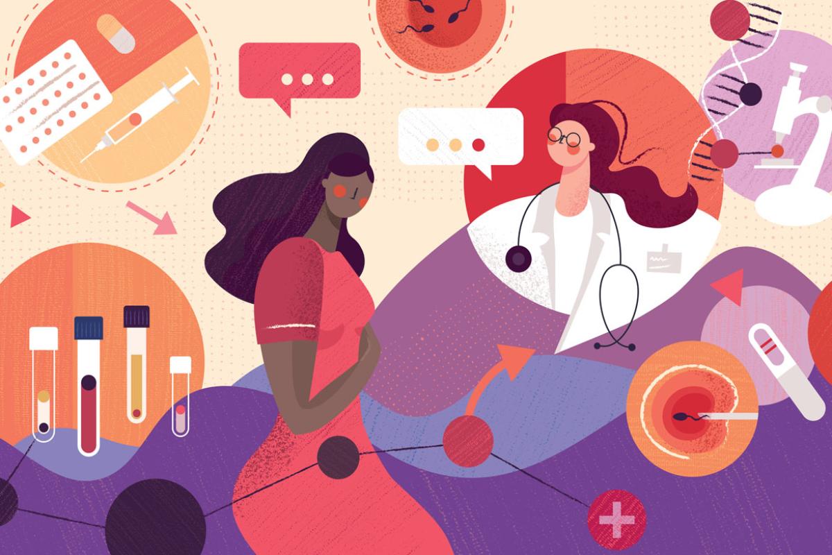 Illustration depicting communication between physician and woman patient