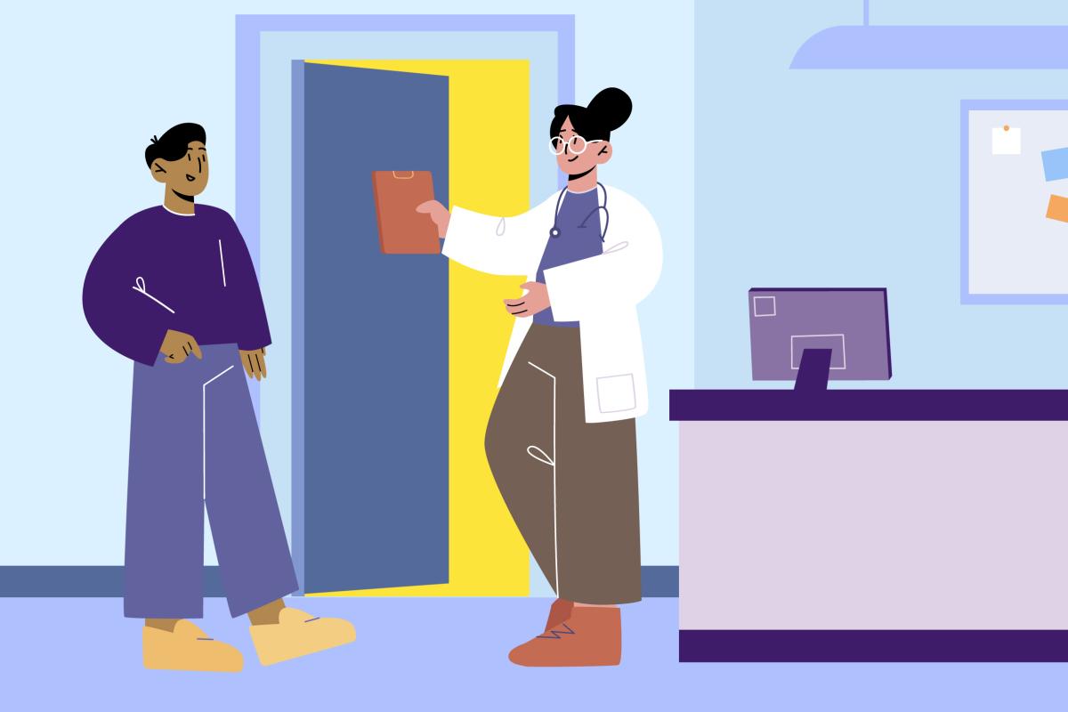 Illustration of a doctor handing a file to another doctor
