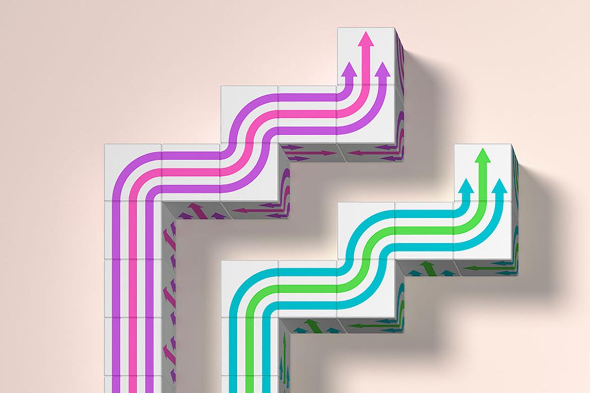 Combined dice-shaped arrows that rise together