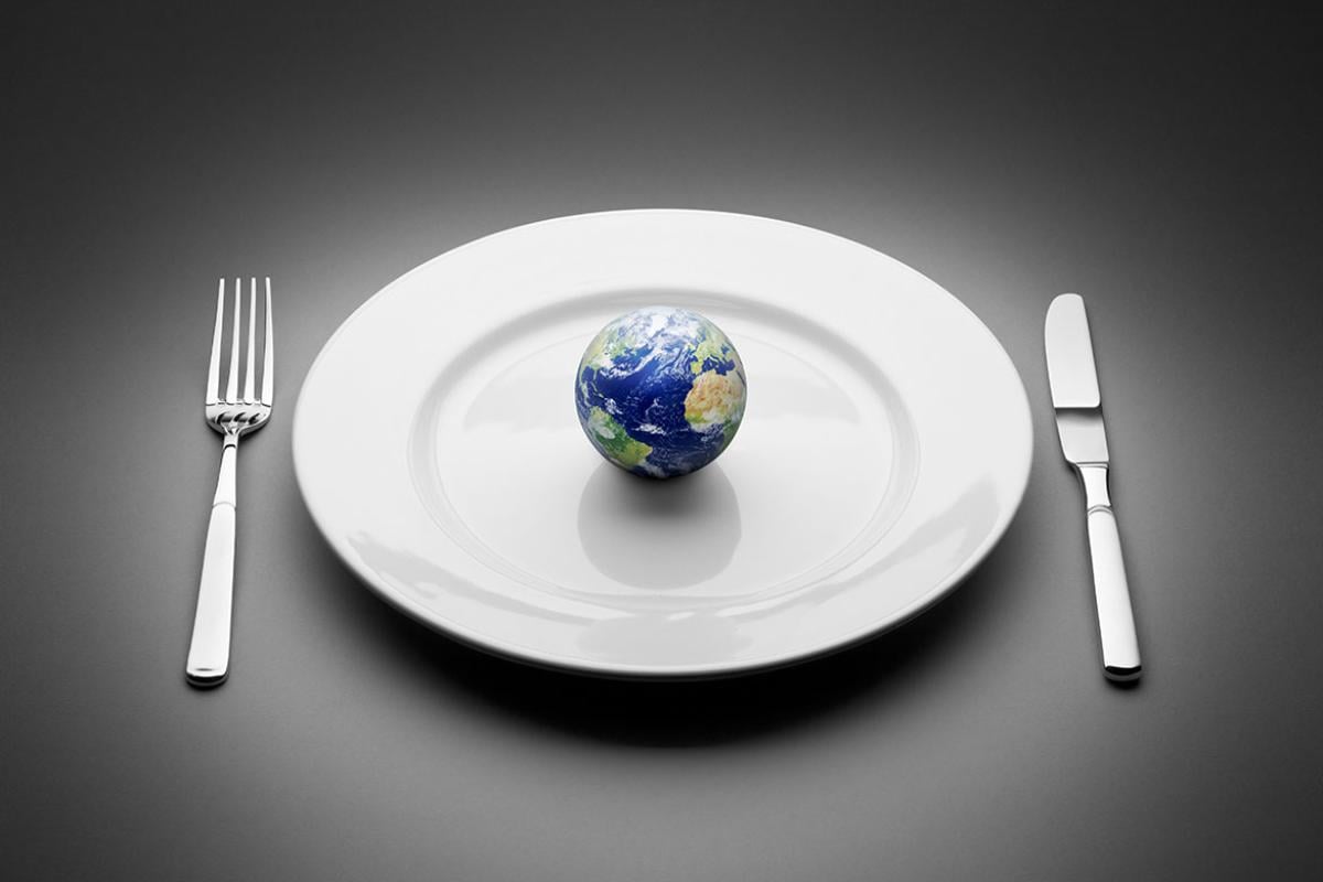 Empty plate with a globe in the center