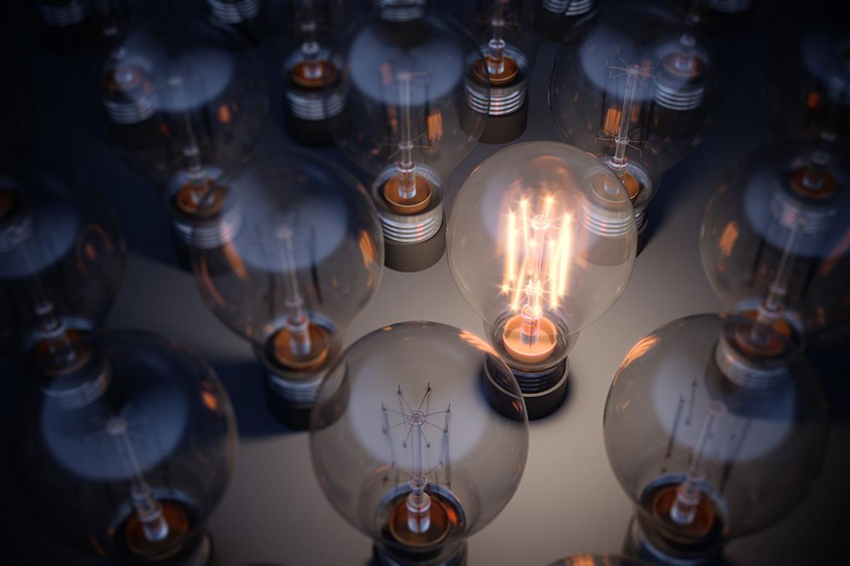 Group of lightbulbs with one illuminated