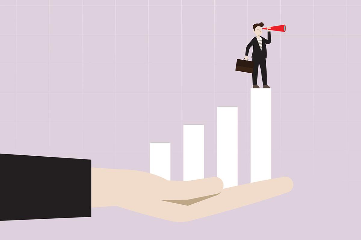 Businessperson with telescope standing on top of the bar graph in a helping hand