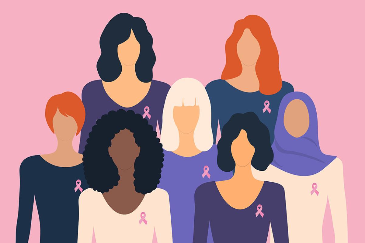 Diverse group of women wearing pink ribbons
