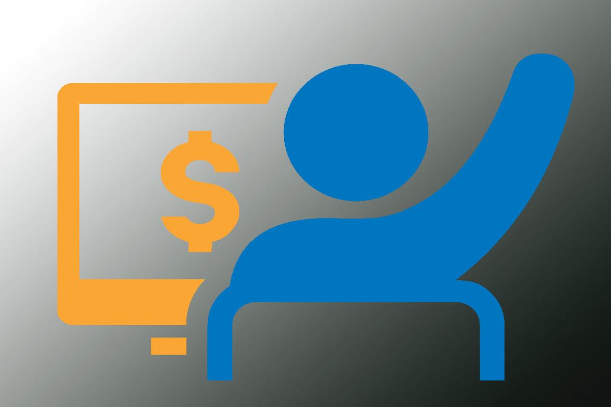Figure raising an arm in front of a computer screen displaying a dollar sign