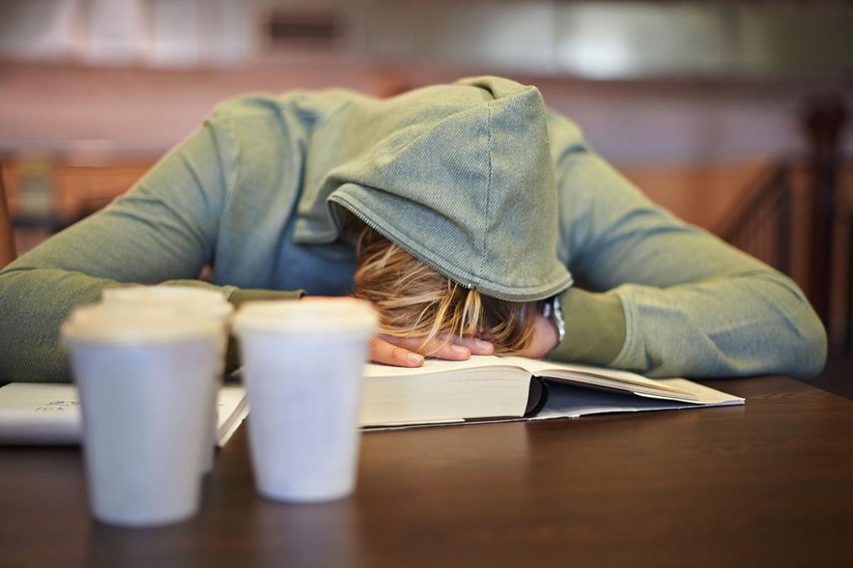 Person sleeping on a textbook, surrounded by coffee cups