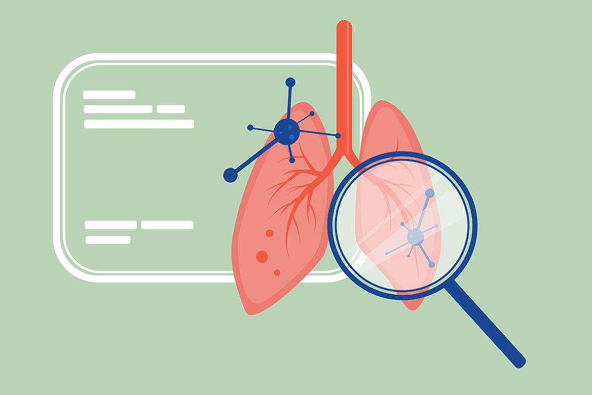 Magnifying glass over a lung with a chart in the background