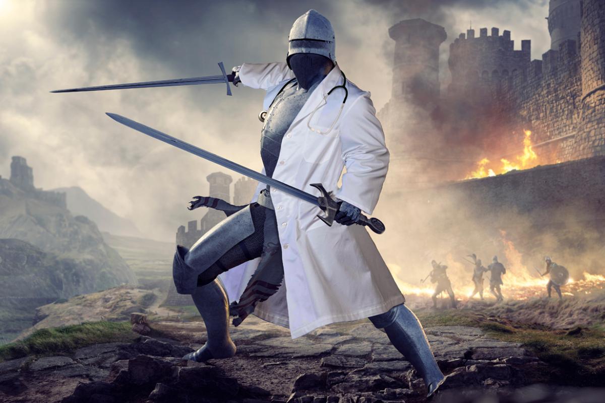 Medieval knight in white coat & stethoscope