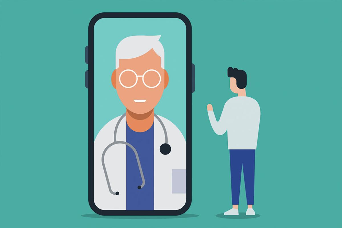 Telemedicine doctor visit with giant smartphone