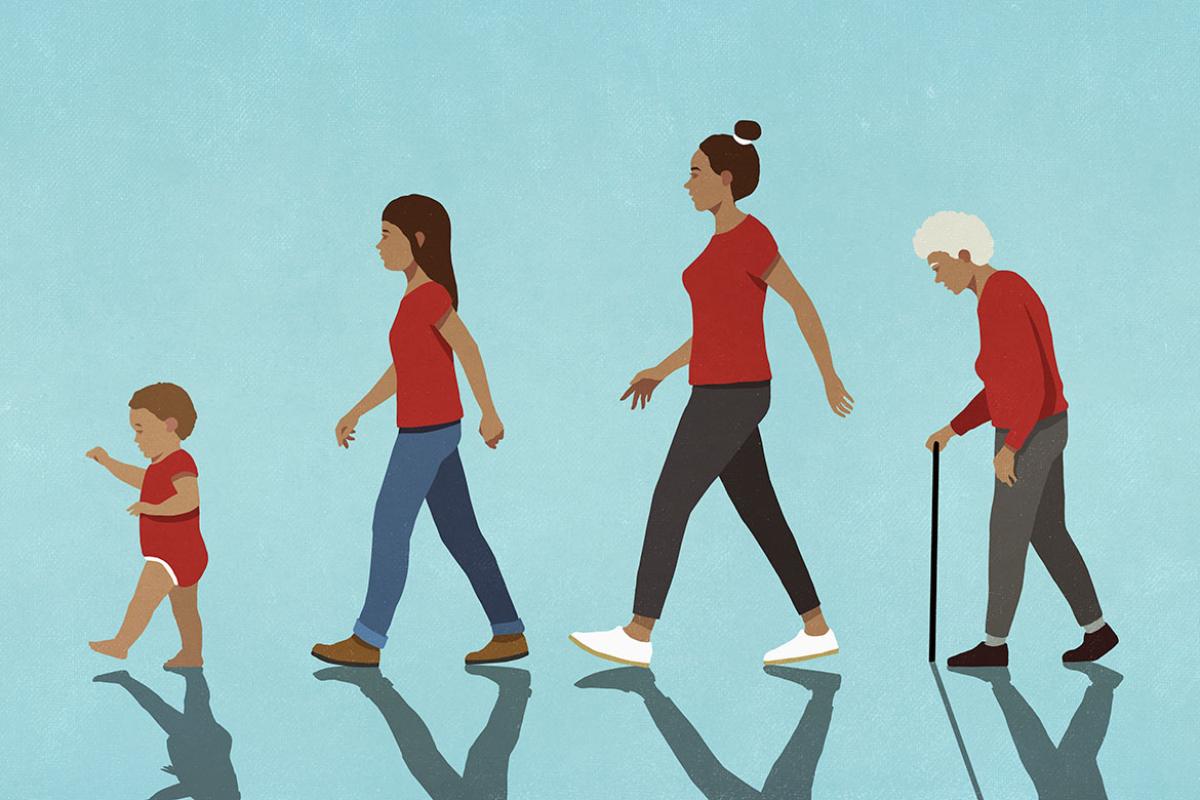 Multigenerational figures walking in a row