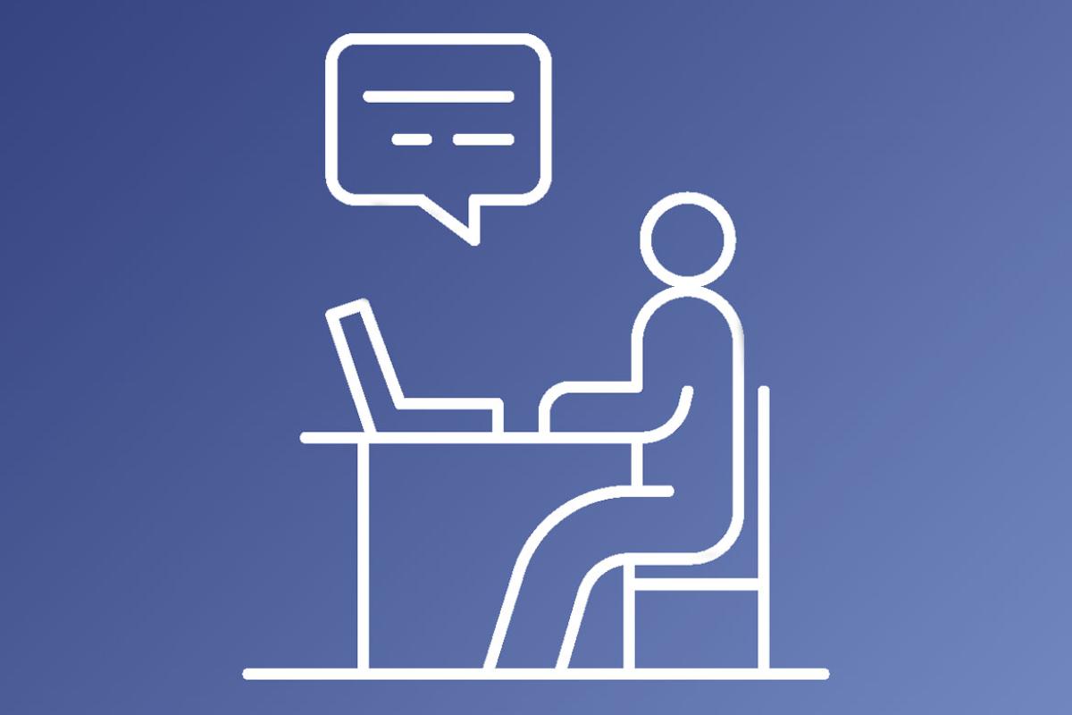 Figure in front of a laptop with a speech balloon overhead