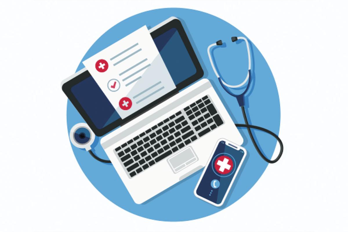 Laptop, stethoscope and mobile device