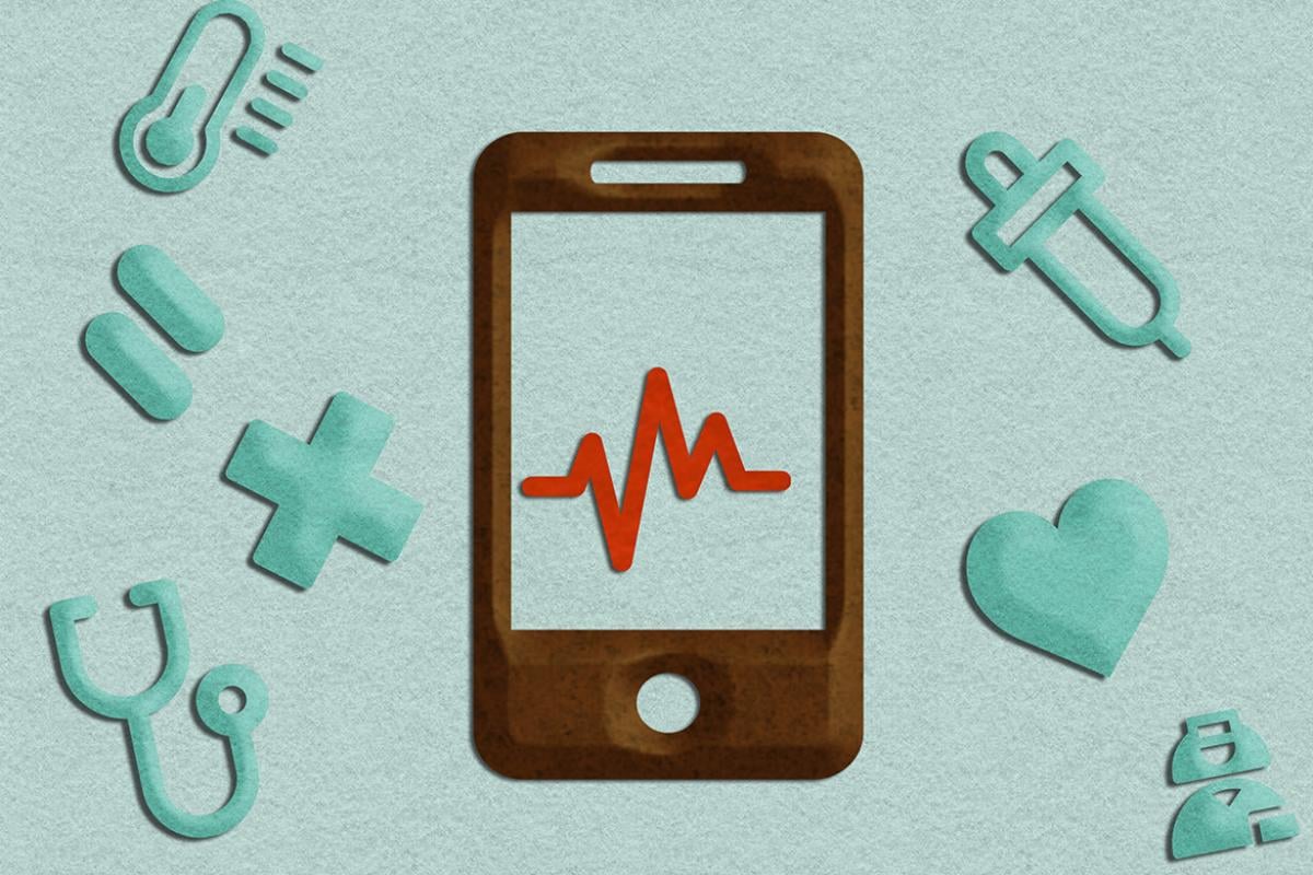 Smartphone surrounded by health care symbols