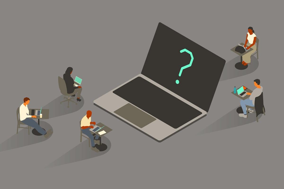 Figures surround a giant laptop with a question mark on the screen