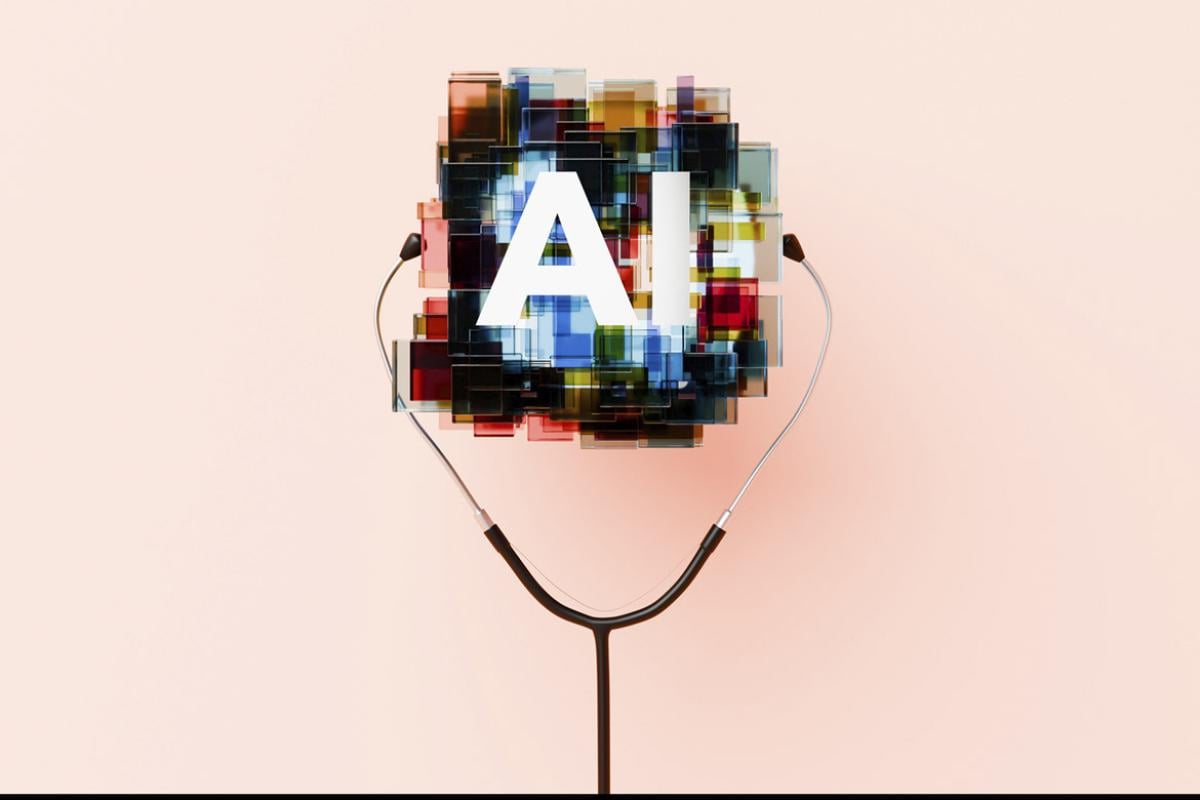 AI symbol equipped with stethoscope ear piece