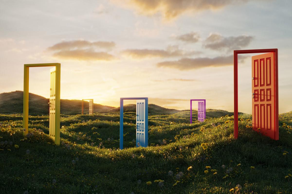 Open doors scattered through a landscape