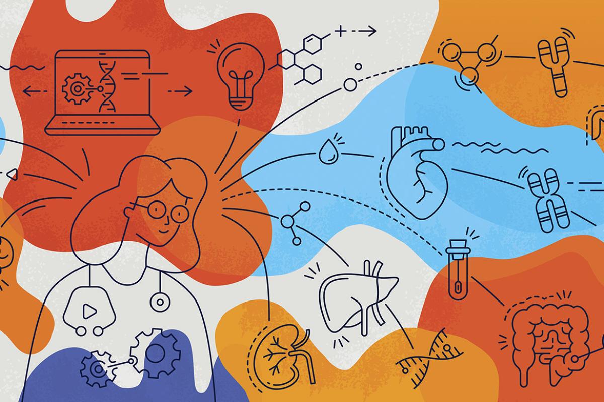 Biochemist surrounded with icons depicting biotechnology, genetic engineering and medicine