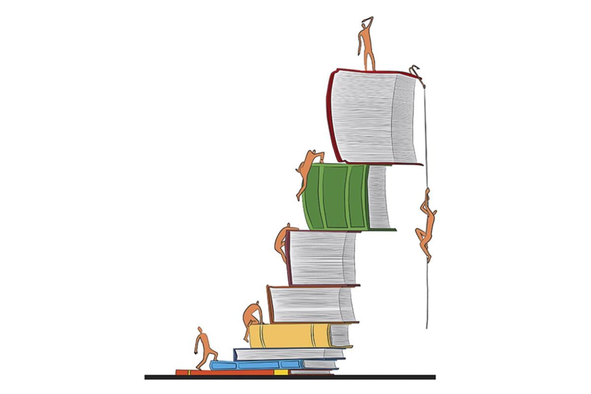 Figures climb a stack of giant books