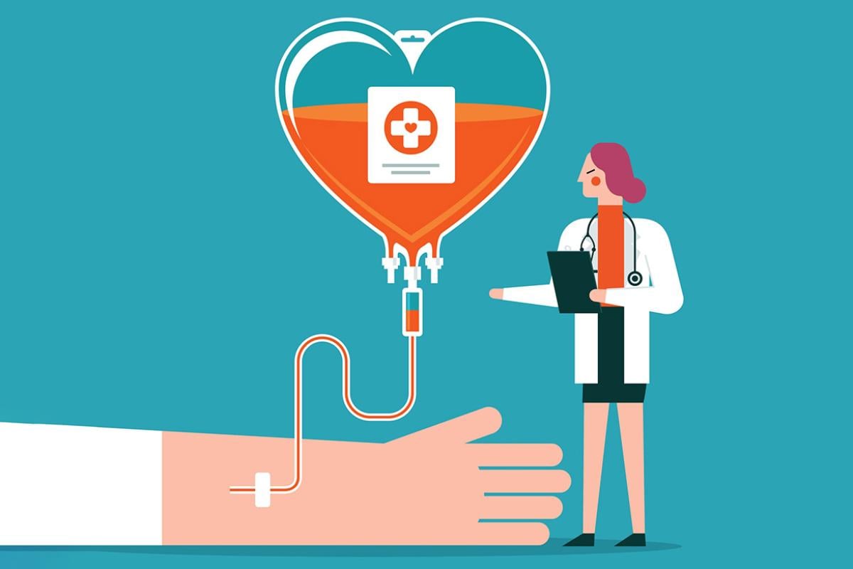 Doctor approaches a giant arm and IV