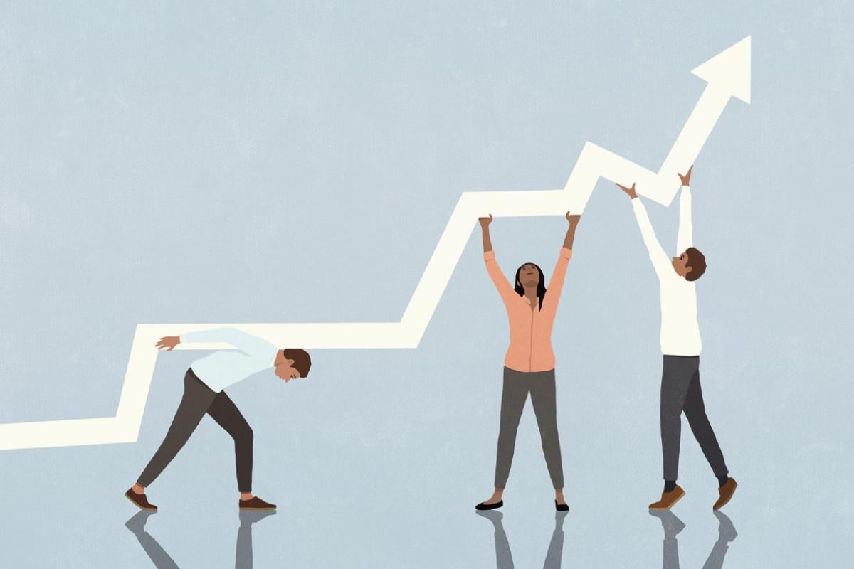 Figures holding up a rising arrow