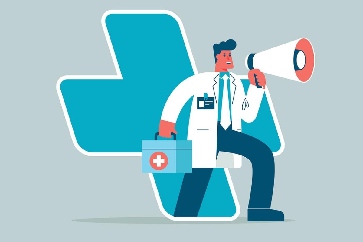 Figure with health care attire holds a megaphone
