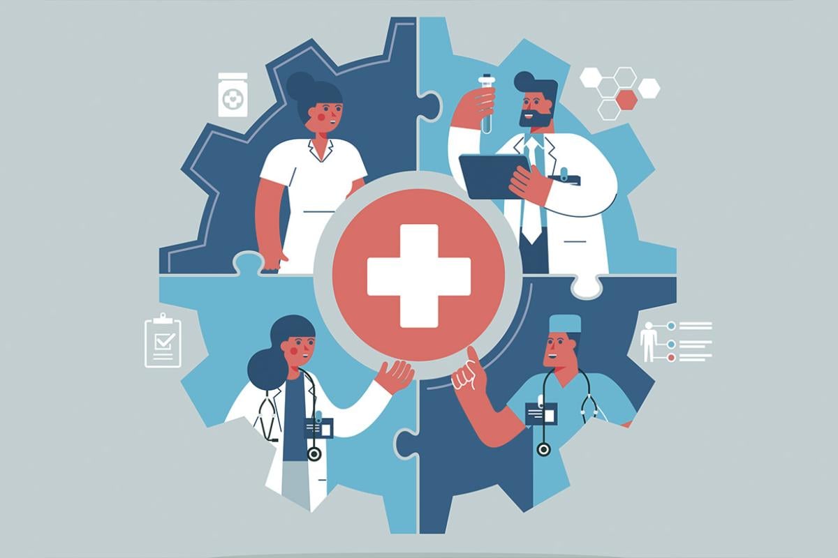 Health care figures in a circle to signify teamwork