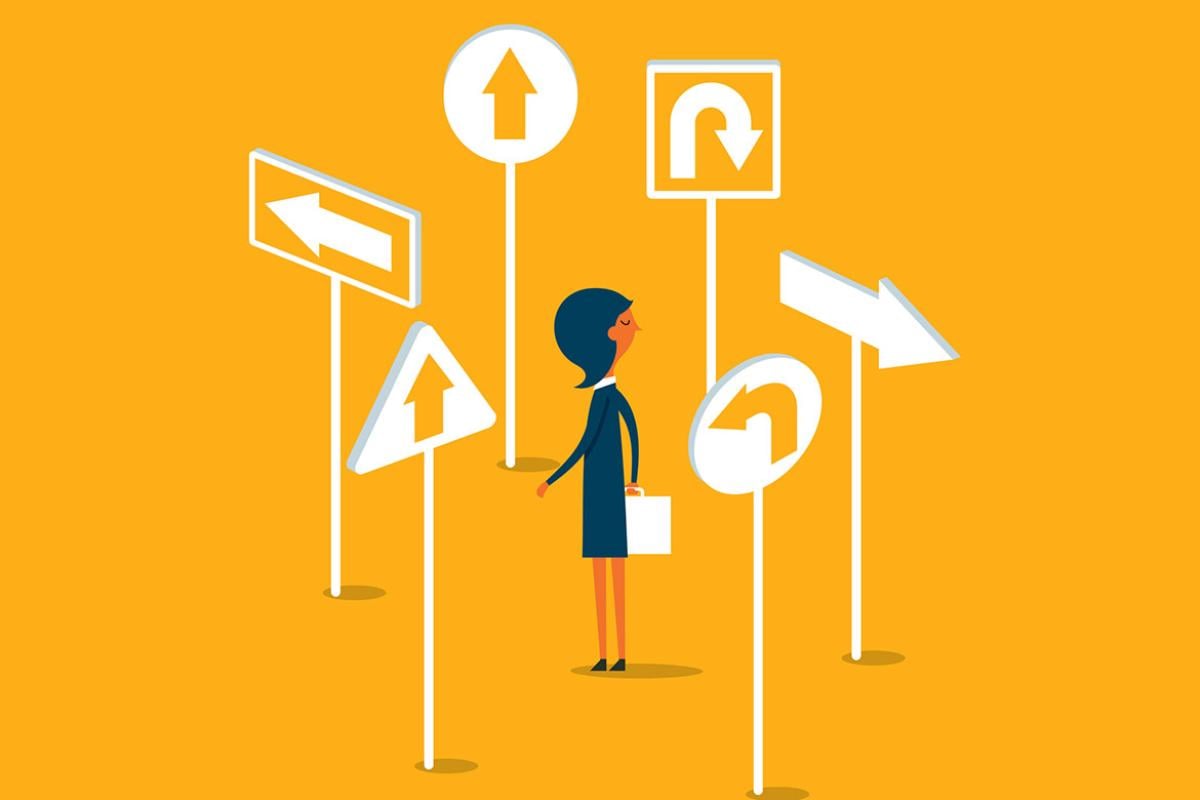 Figure surrounded by signs with arrows pointing in different directions