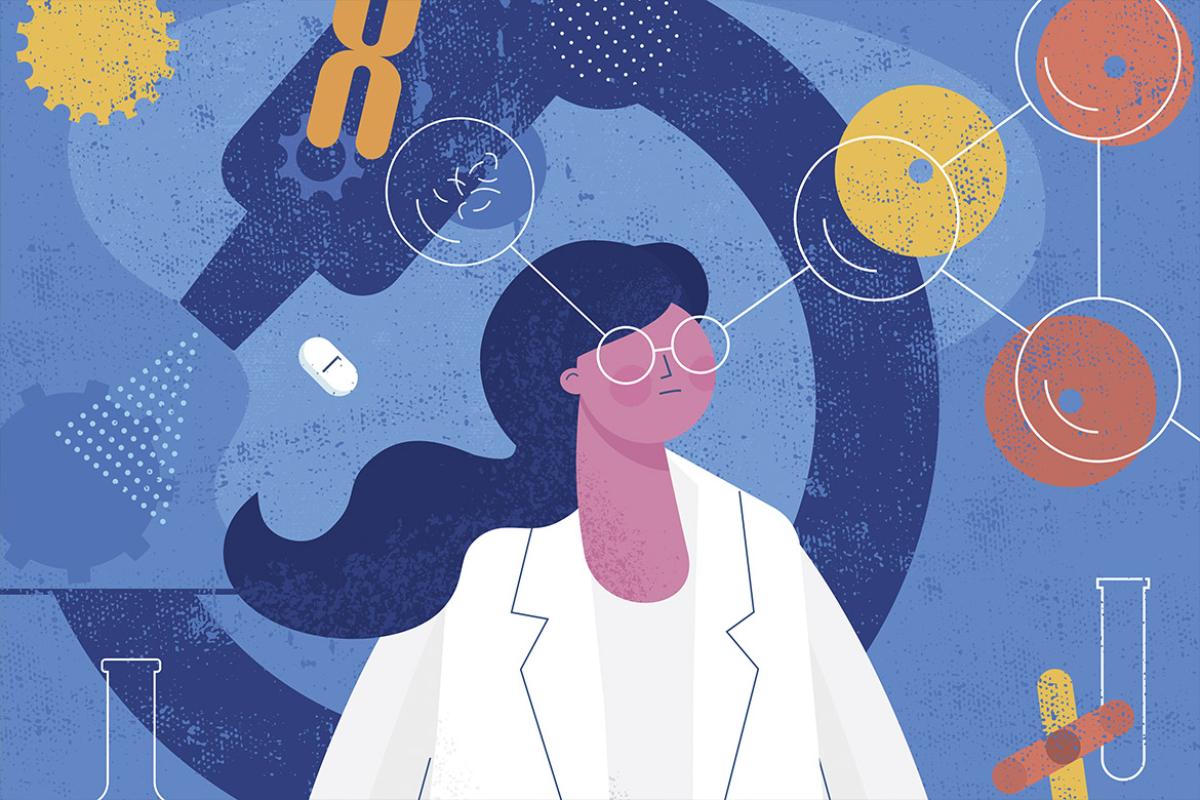 Illustration of physician with a microscope in the background