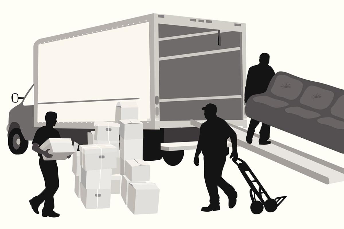 Figures moving household items into a truck