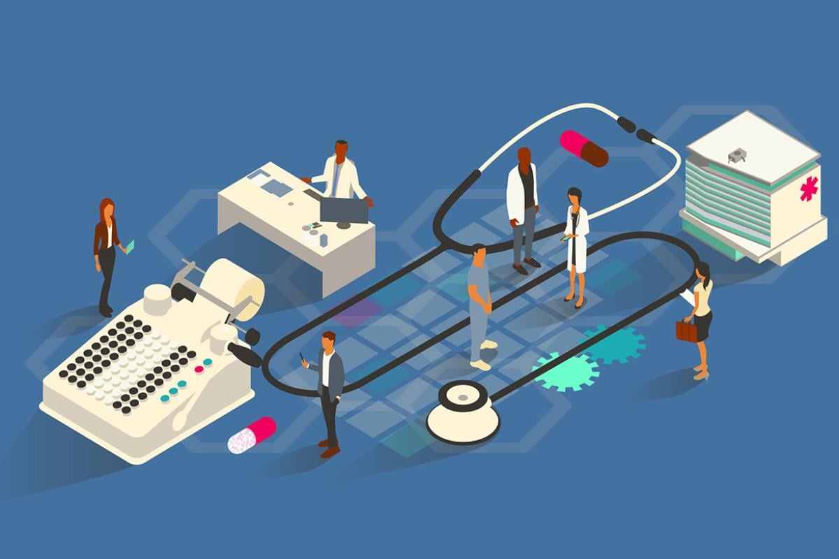 Figures and large health care icons