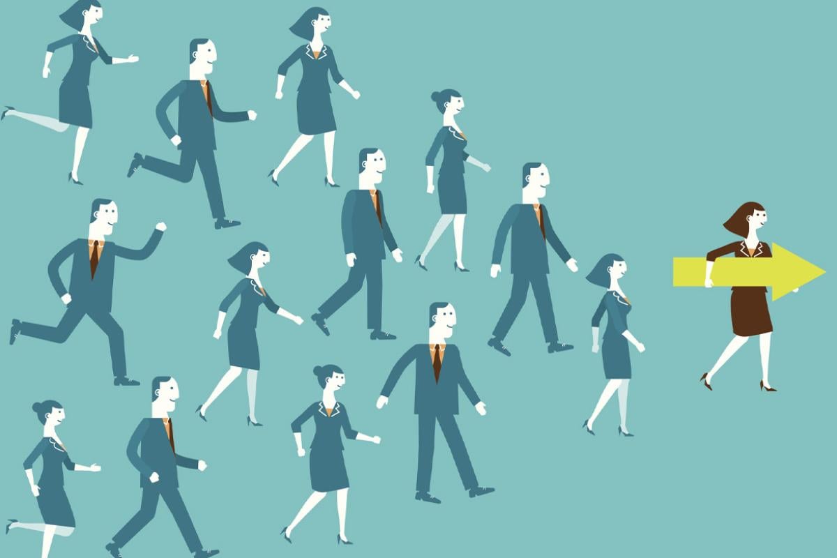 Figure holding an arrow leads a group