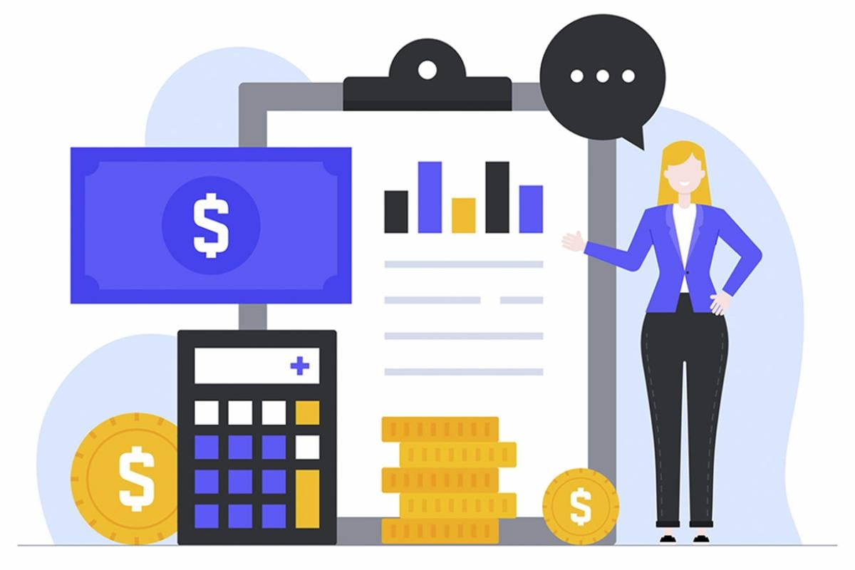 Figure stands by giant clipboard, calculator and currency