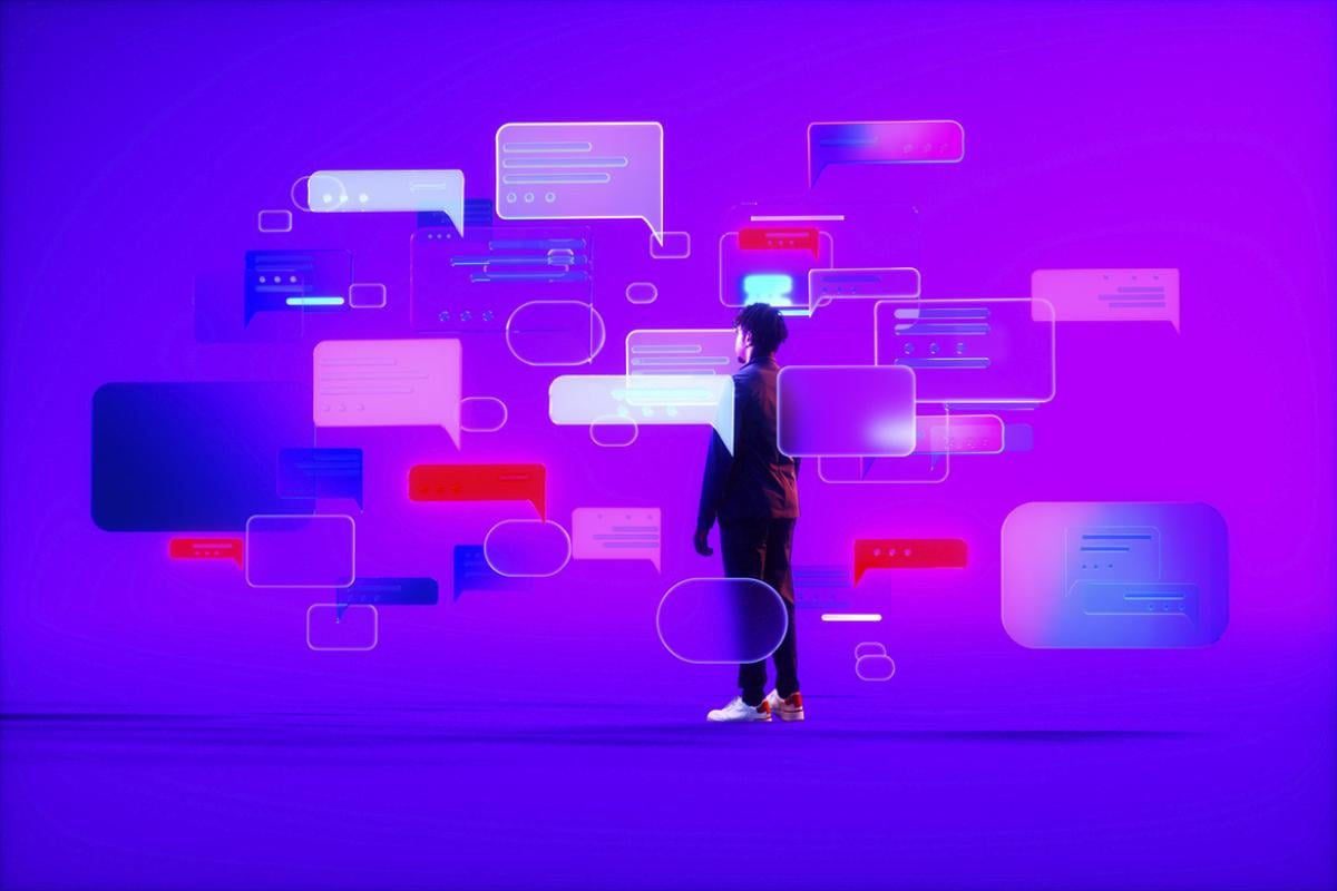 Figure surrounded by multiple message chat icons