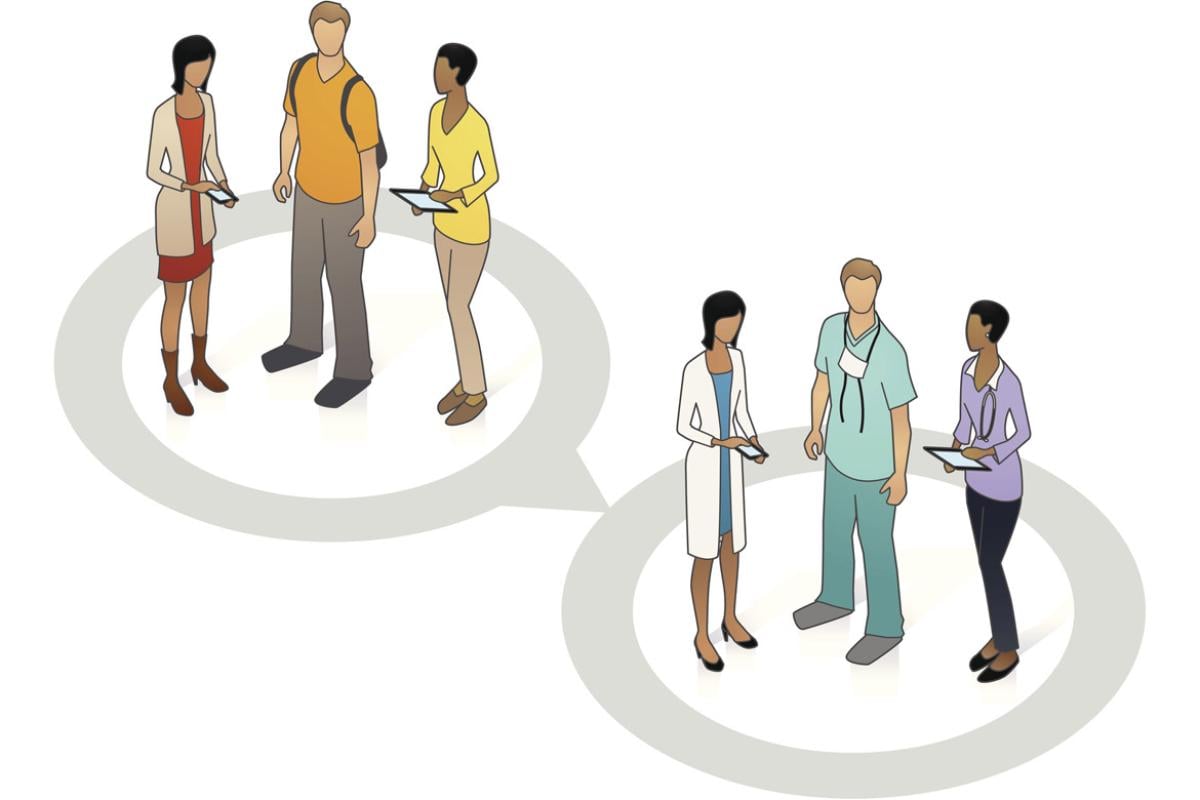 Three people as students in one circle, and as doctors in a second circle